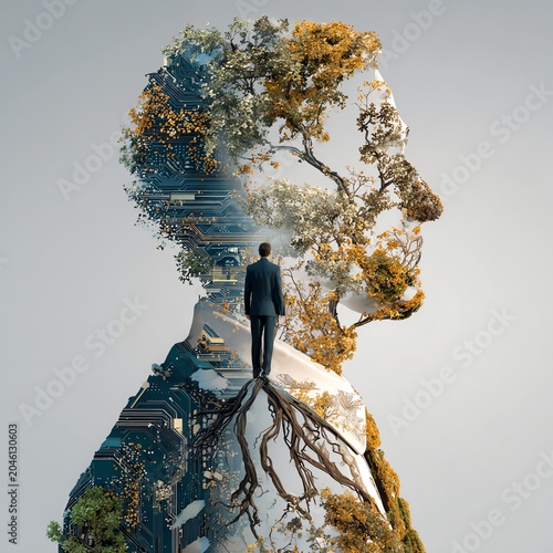 An artistic portrayal of self-discovery blending nature with urban elements, illustrating the journey within.