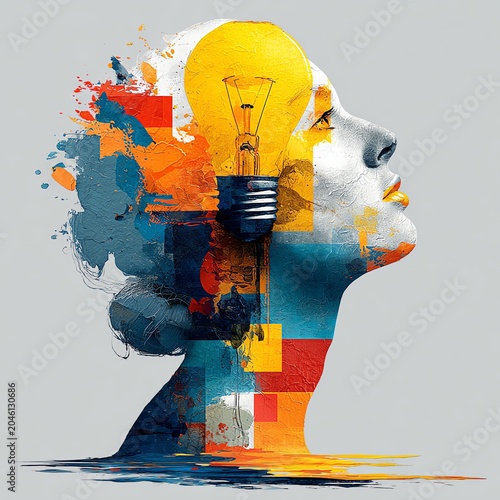 Creative illustration of a woman's face with a light bulb, symbolizing innovation and inspiration.