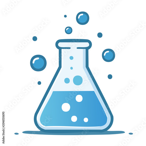 Flat design icon of a bubbling Erlenmeyer flask with blue liquid