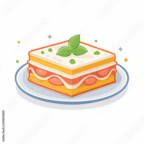 Illustration of a layered sandwich with basil garnish