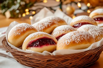Delicious basket of bun sufganiot filled with jam and topped with sugar powder for Hanukkah celebration