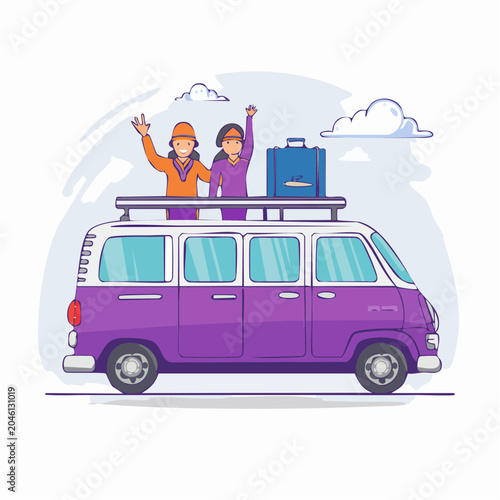 Two people waving from a purple van with luggage on the roof