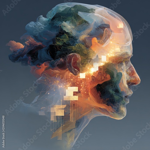 A surreal representation of the human mind, blending abstract elements with a profile silhouette.