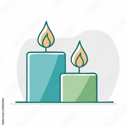 Two lit candles, teal and green, with stylized flames