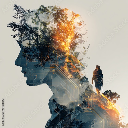 A thought-provoking double exposure image blending human emotion with nature's beauty and technology.