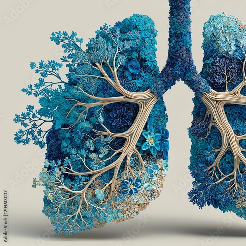 An artistic representation of lungs formed with flowers and plants, symbolizing nature and health.