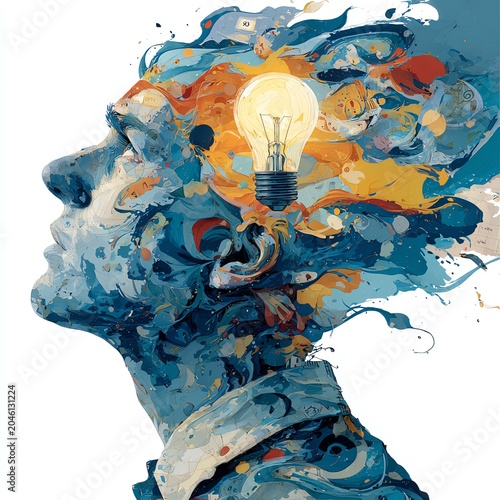 A vibrant illustration of creative thought, featuring a light bulb emerging from a colorful, abstract mind.