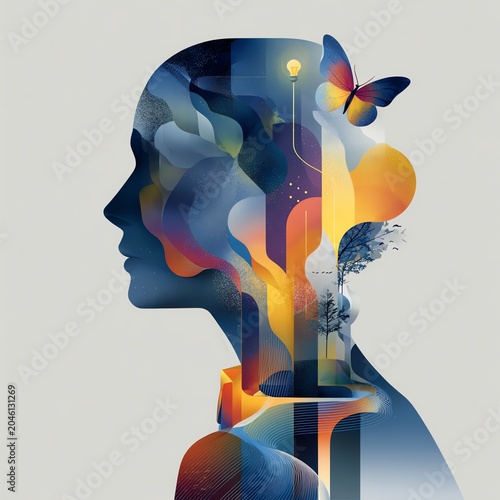 A vibrant silhouette representing creativity and inner thoughts, blending abstract shapes and colors with nature elements.