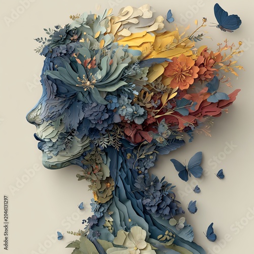 A captivating artistic representation of a face made of flowers, symbolizing nature's connection to humanity.