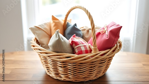 Woven basket filled with colorful fabric-wrapped parcels on a minimalist wooden table, bathed in soft natural light.
