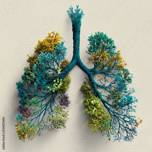 A creative representation of lungs made from vibrant trees and plants, symbolizing the connection between nature and health.