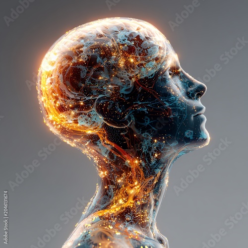 A futuristic representation of a humanoid head illuminated with bright, flowing digital elements and energy.