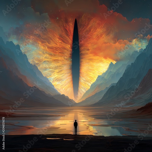 A stunning and surreal landscape showcasing an enormous eye rising over a tranquil lake and majestic mountains.
