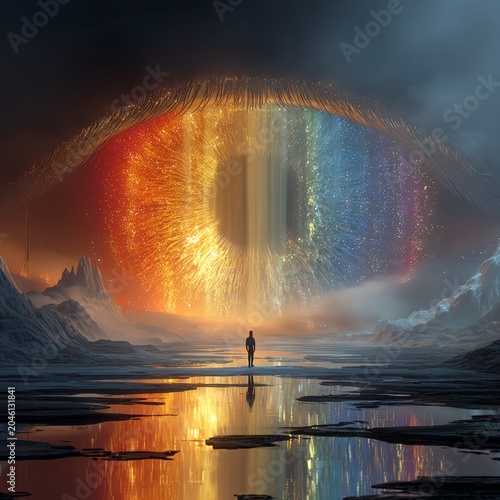 A surreal landscape depicting a giant, colorful eye with a cascading waterfall in a mystical, dreamlike setting.