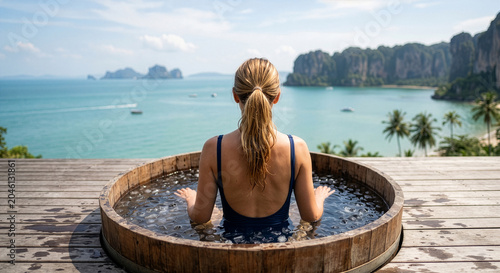 Woman relaxing in wooden ice bath with tropical ocean view