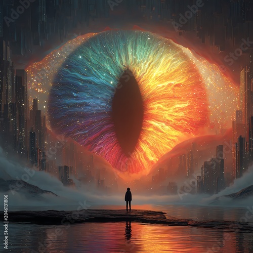 A surreal landscape featuring a giant eye and a figure contemplating reality amidst vibrant colors.