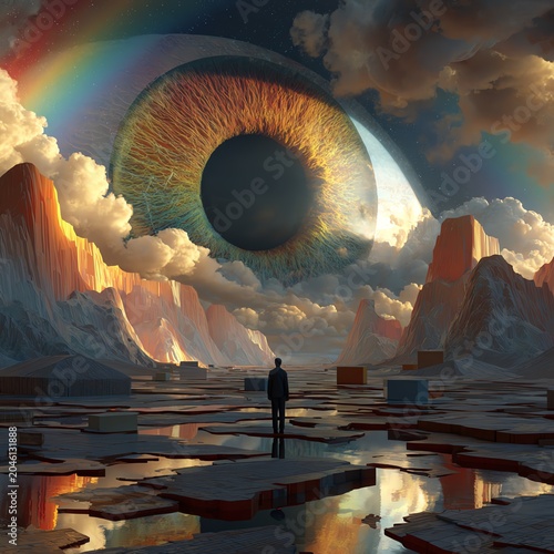 A surreal landscape featuring a giant eye overlooking mountains and clouds, evoking contemplation and wonder.