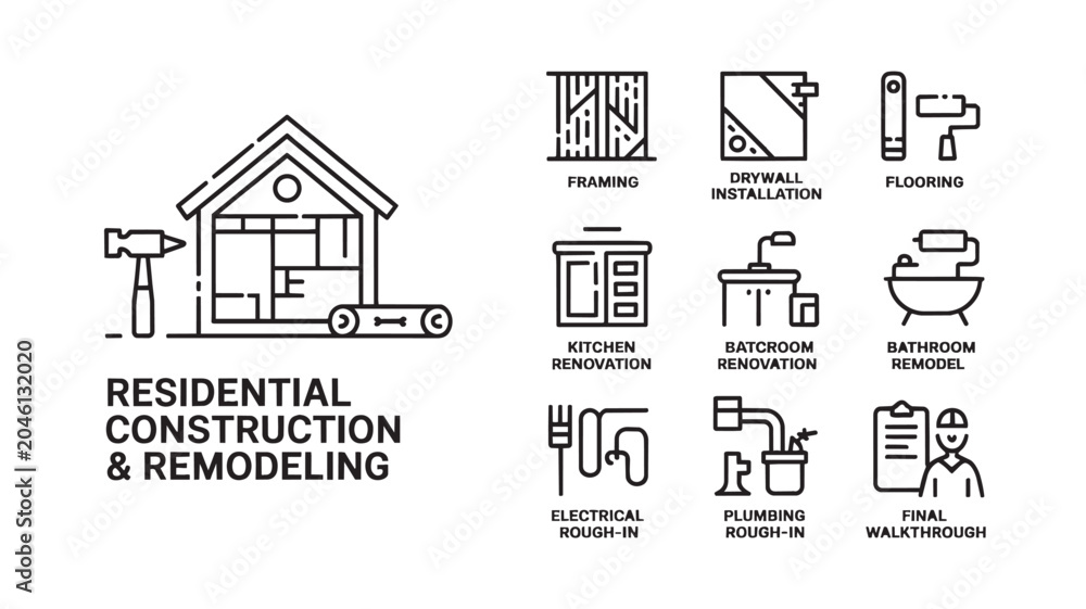Fototapeta premium Residential construction icons, remodeling symbols, building signs, architecture elements, vector graphics