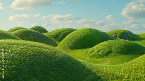 Lush Green Rolling Hills with Circular Windows Under Bright Blue Sky