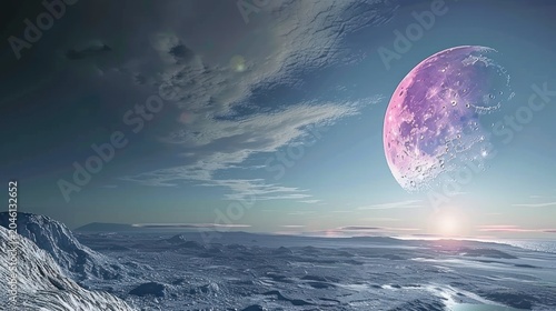 Magnificent Icy Landscape Under Pink Moonlit Sky with Clouds and Sun Rising