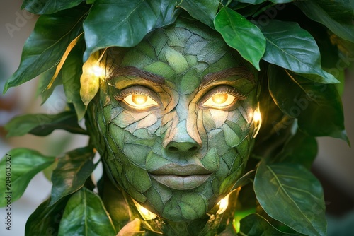 Enchanted 3D forest spirit made of leaves and light