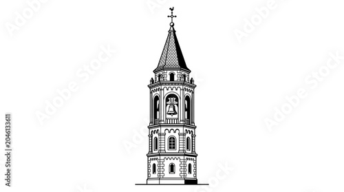 Cuadro en lienzo Historic church bell tower architecture line art illustration.