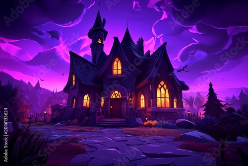 stylized 3d haunted mansion with glowing windows and eerie atmosphere