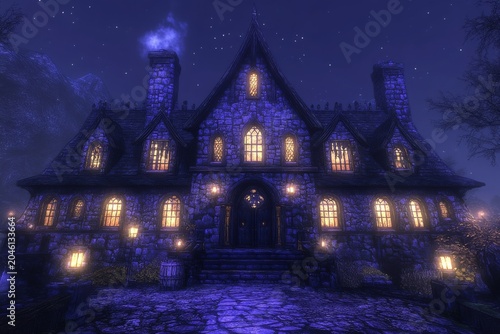 dark fantasy haunted mansion 3d scene with glowing window lights