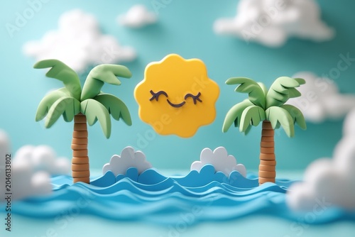 bright 3d beach landscape stylized palms gentle waves summer vibe