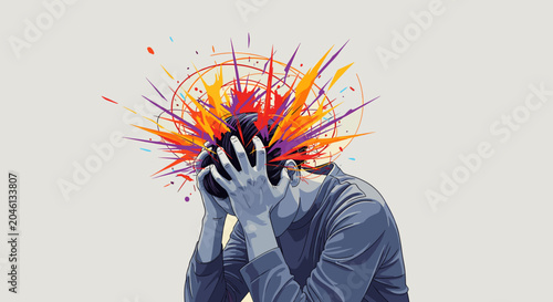 Bild auf Leinwand A person clutches their head as colorful, explosive abstract shapes burst outwards from their mind, symbolizing intense thought or mental distress