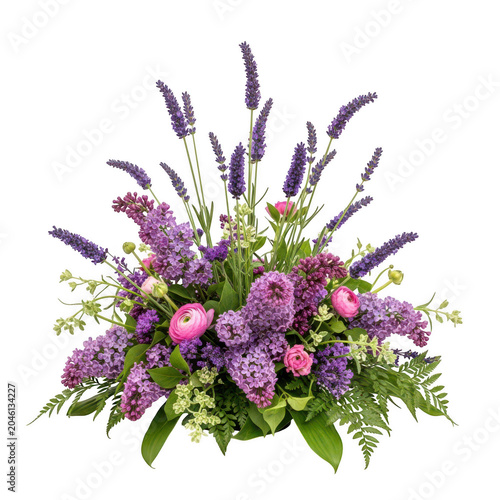 A vibrant bouquet of purple and white flowers arranged in a rustic basket isolated on transparent background