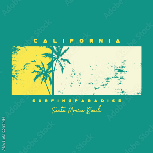 Photography California surfing paradise t-shirt design featuring tropical palm trees, vintage beach graphics, and Santa Monica inspired summer typography style