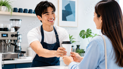 Asian barista serving freshly brewed coffee to customer in coffee shop