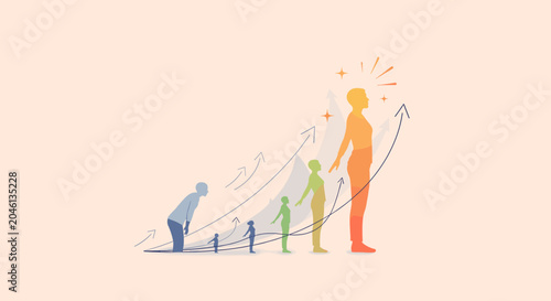 Schilderij op canvas Illustration showing personal growth and self-improvement journey with figures increasing in size and confidence