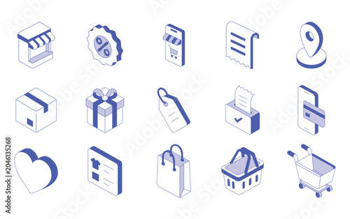 Isometric ecommerce icons for online retail and digital shopping