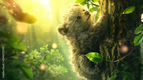 Cute Baby Lion Cub Climbing Tree in Bright Forest Scene