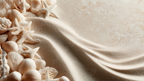 Serene Coastal Flat Lay: Seashells, Starfish, and Sandy Waves for Relaxing Beach-Themed Designs