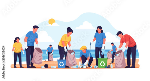 Flat vector illustration of a diverse group of volunteers cleaning up plastic litter and trash from a sandy beach coastline into recycling bins and bags for environmental protection.