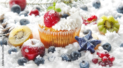 Festive Cupcake with Whipped Cream and Mixed Berries Surrounded by Colorful Fruits on Snowy Surface