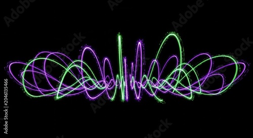Neon green, purple light trails, abstract background, glowing curves