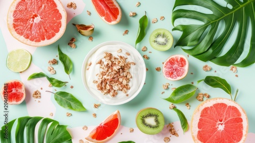 Fresh Grapefruit Kiwi Yogurt Bowl with Green Leaves on Light Background