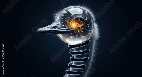 Glowing robotic swan head, futuristic bird illustration, metallic neck, neon lights