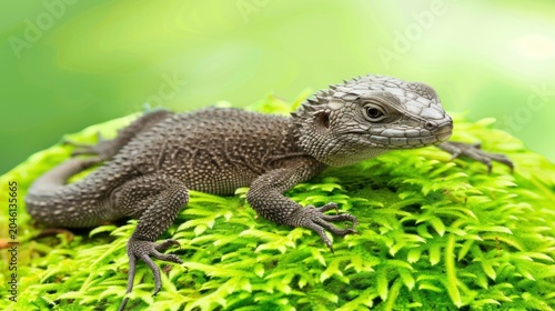 Lizard Resting on Green Moss in Natural Environment