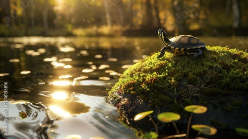 Turtle on Mossy Island in Peaceful Pond During Golden Sunset with Water Lilies