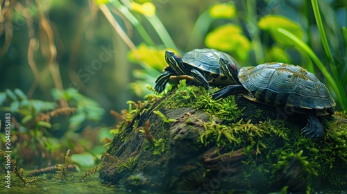 Two Baby Turtles Resting on Mossy Log in Lush Green Forest Scene