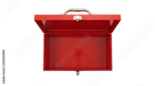 Open empty red metal toolbox isolated on transparent background