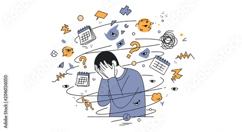 Foto A person overwhelmed by stress and anxiety, surrounded by chaotic symbols representing deadlines, worries, and confusion
