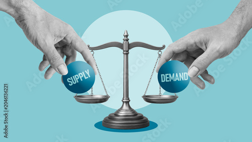 Supply and demand balance concept illustrating market equilibrium, price formation, economic stability, resource allocation and business decision making in competitive markets