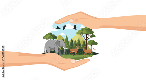 Modern vector illustration showing two human hands protecting a diverse wildlife ecosystem including an elephant, deer, birds, and forest landscape on white background.