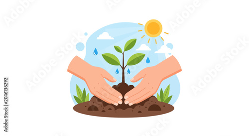 Vector illustration of human hands planting a small green sapling in soil, featuring stylized sun, clouds, and raindrops background for environmental and growth concepts.